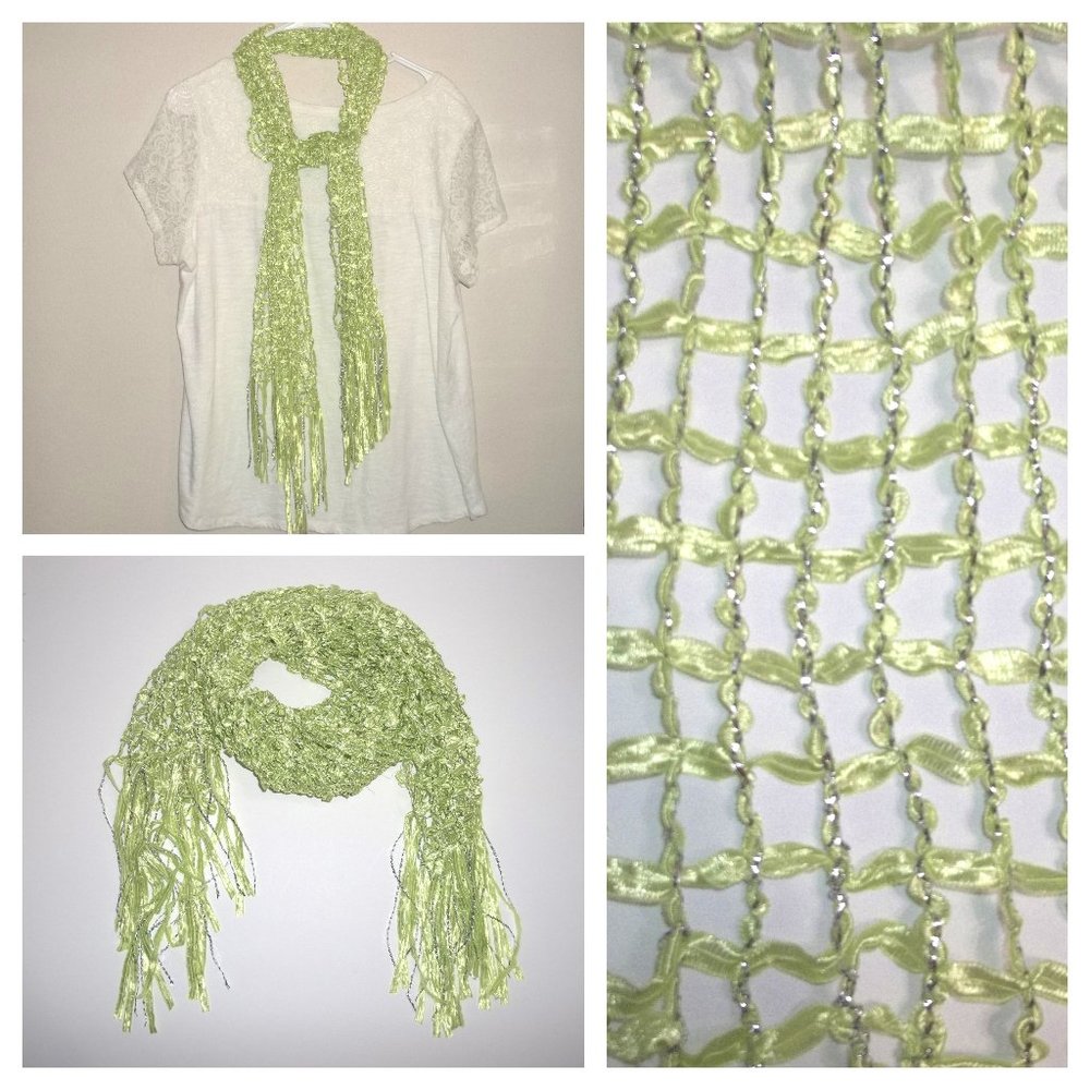 Lime Green Scarf with Metallic Silver Crocheted Fringed Fashion Accessory S45